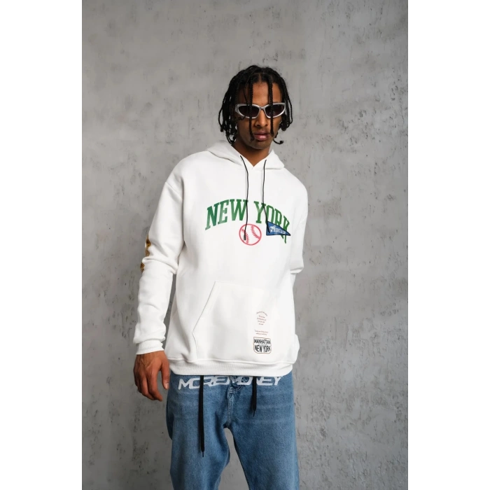 Baskılı Kapüşonlu Sweatshirt - Beyaz -