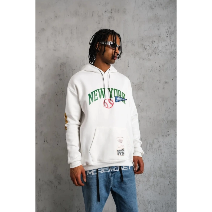 Baskılı Kapüşonlu Sweatshirt - Beyaz -
