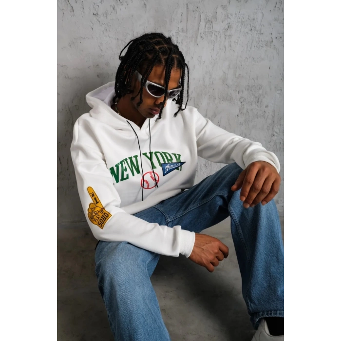 Baskılı Kapüşonlu Sweatshirt - Beyaz -