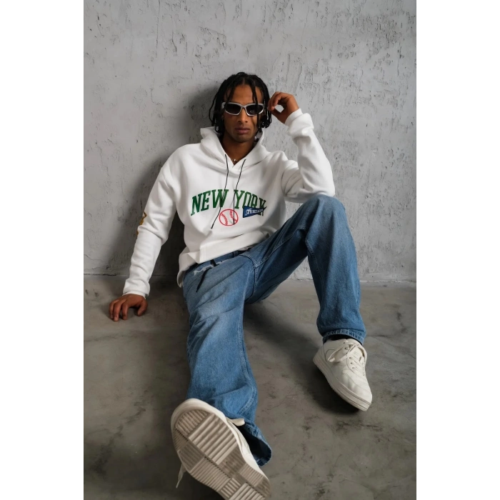 Baskılı Kapüşonlu Sweatshirt - Beyaz -