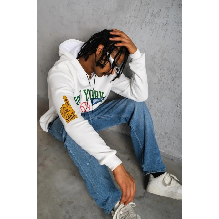 Baskılı Kapüşonlu Sweatshirt - Beyaz -