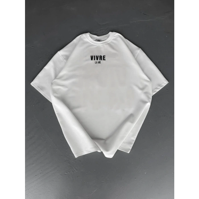 Baskılı Oversize Bisiklet Yaka T-shirt - Beyaz