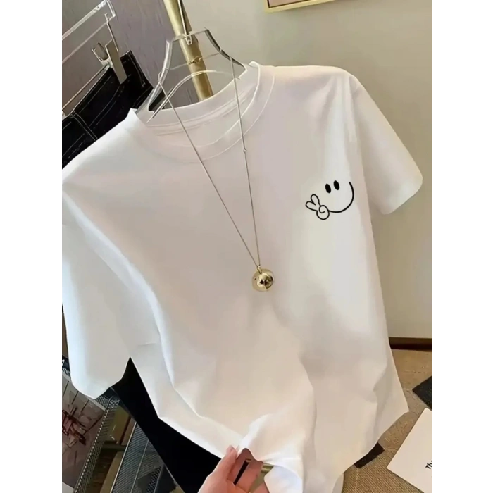 Baskılı Oversize Bisiklet Yaka T-shirt - Beyaz