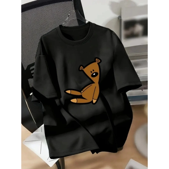 Baskılı Oversize Bisiklet Yaka T-shirt - Siyah