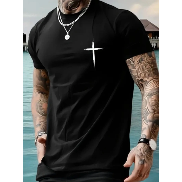 Baskılı Oversize Bisiklet Yaka T-shirt - Siyah
