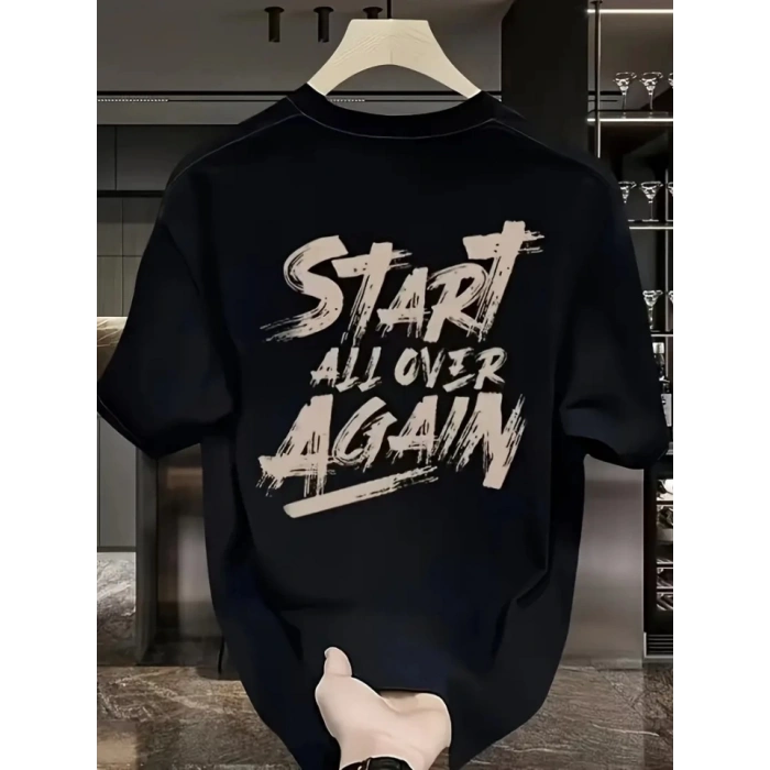 Baskılı Oversize Bisiklet Yaka T-shirt - Siyah