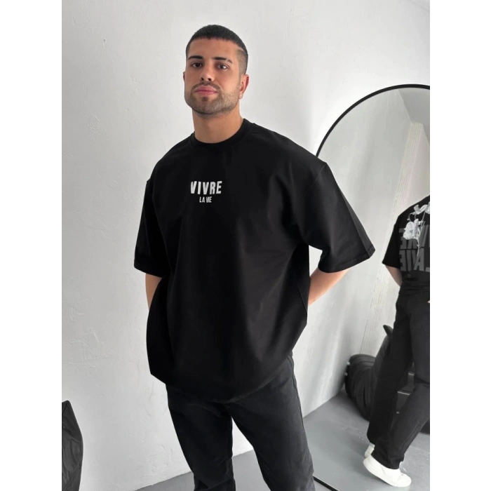 Baskılı Oversize Bisiklet Yaka T-shirt - Siyah