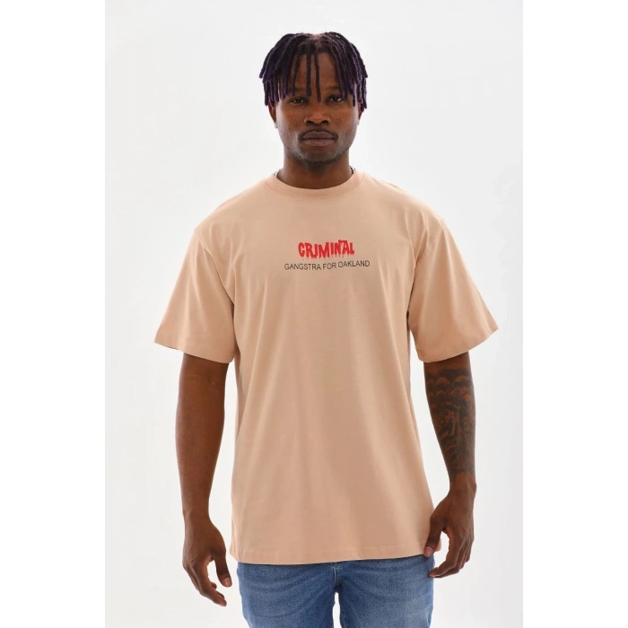 Baskılı Oversize T-Shirt - Bej -