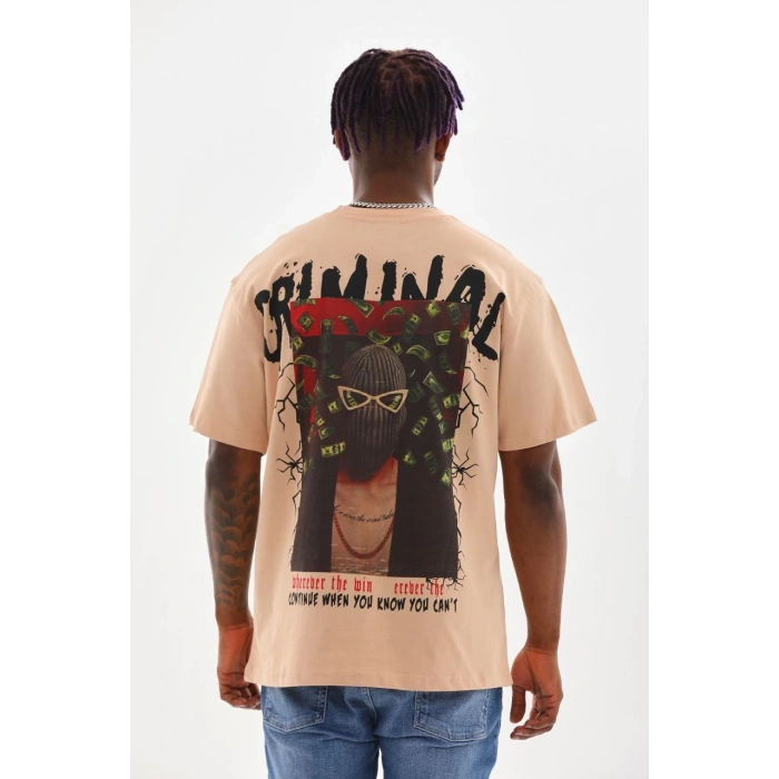 Baskılı Oversize T-Shirt - Bej -