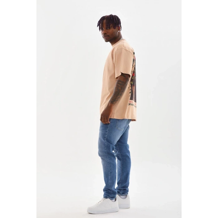 Baskılı Oversize T-Shirt - Bej -