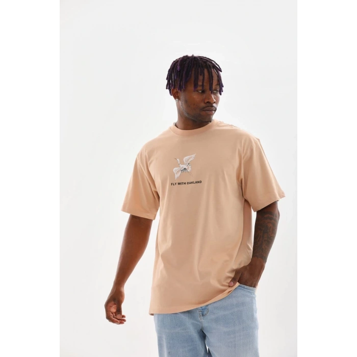 Baskılı Oversize T-Shirt - Bej -