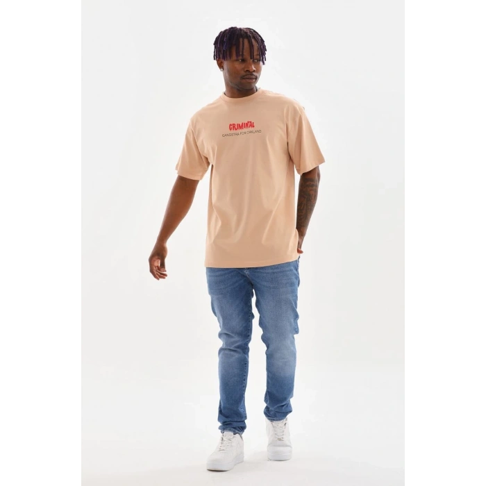 Baskılı Oversize T-Shirt - Bej -