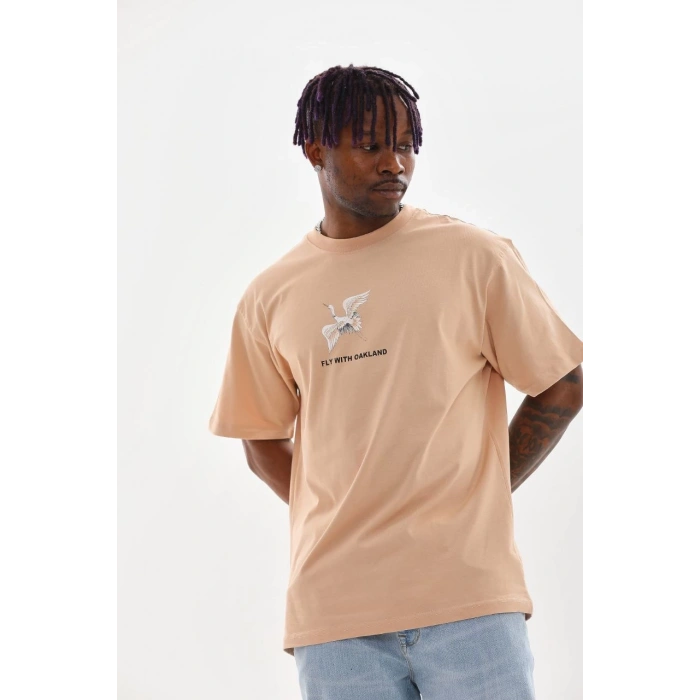 Baskılı Oversize T-Shirt - Bej -