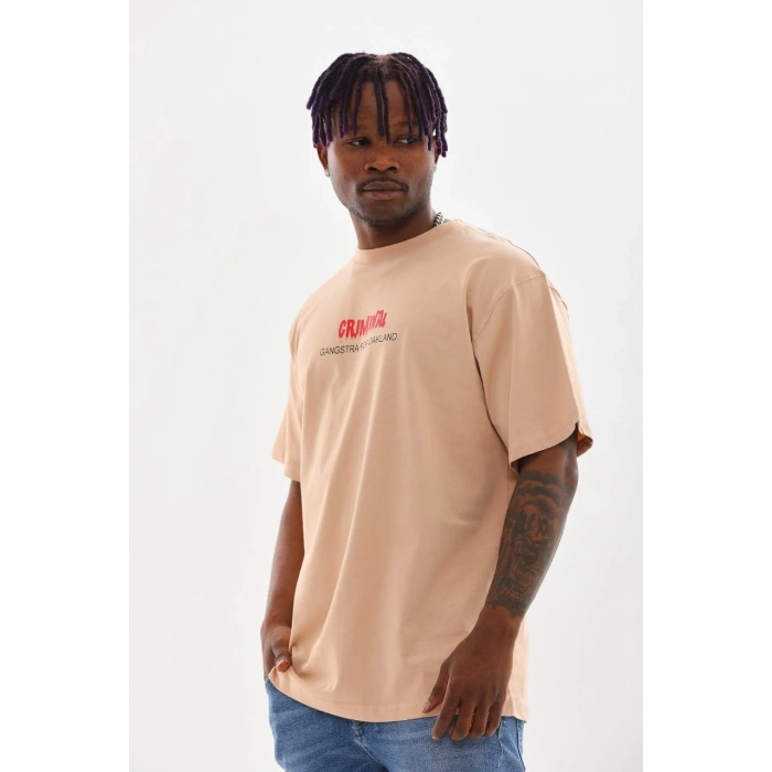 Baskılı Oversize T-Shirt - Bej -