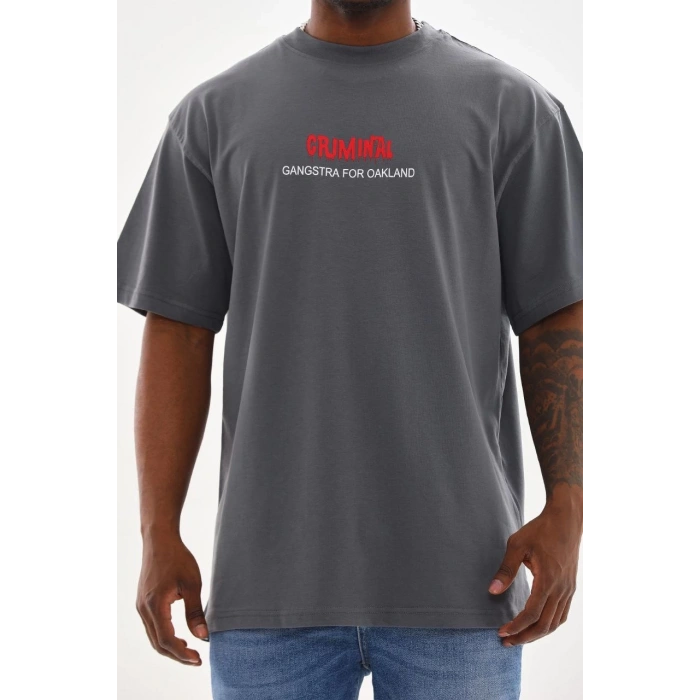Baskılı Oversize T-Shirt - Füme -