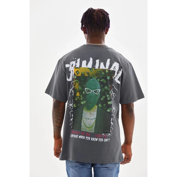 Baskılı Oversize T-Shirt - Füme -