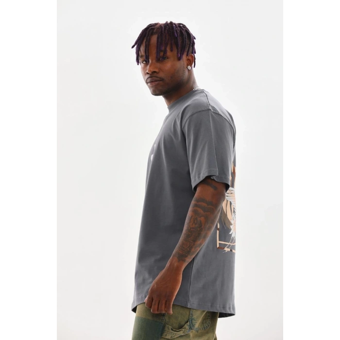Baskılı Oversize T-Shirt - Füme -