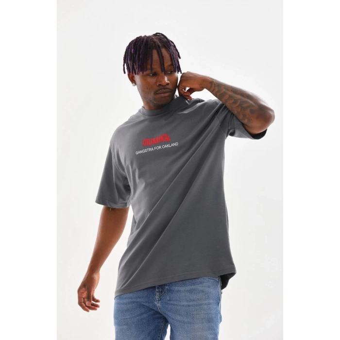 Baskılı Oversize T-Shirt - Füme -
