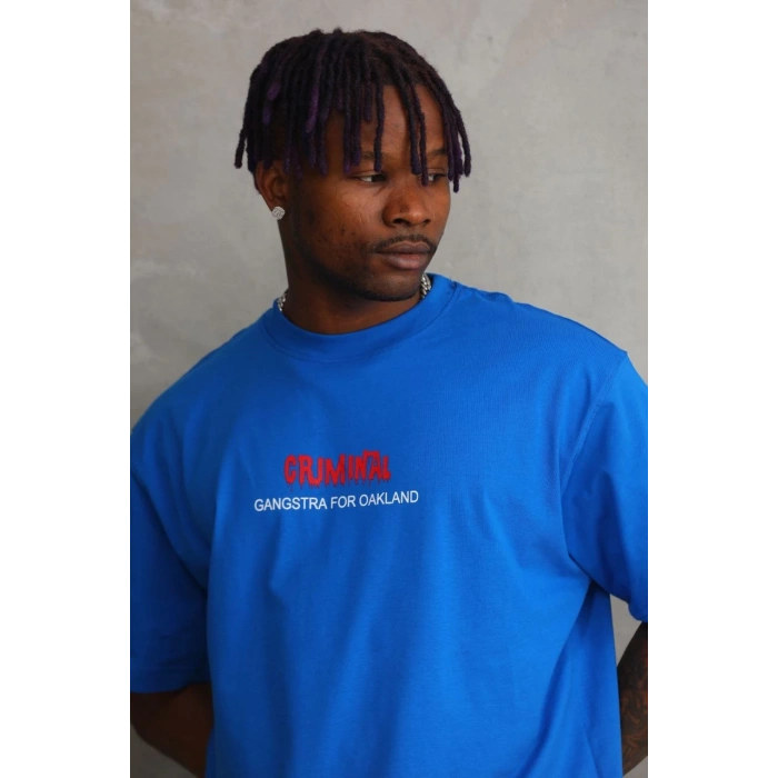 Baskılı Oversize T-Shirt - Mavi -