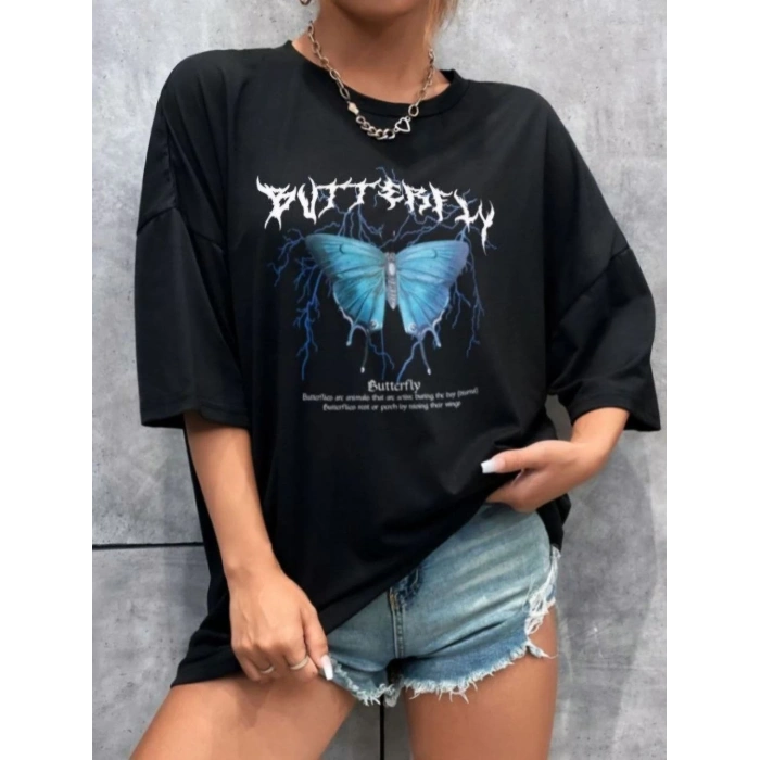 Baskılı Oversize T-Shirt - Siyah -