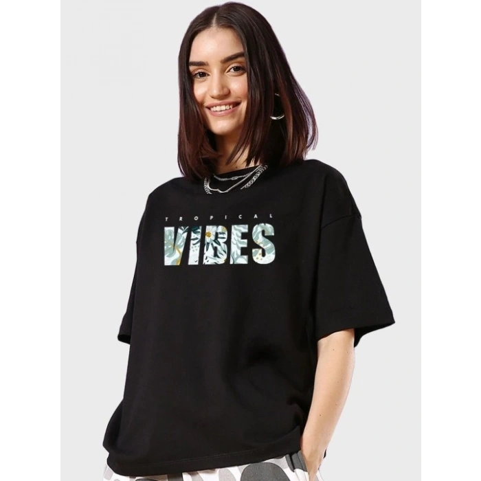 Baskılı Oversize T-shirt - Siyah