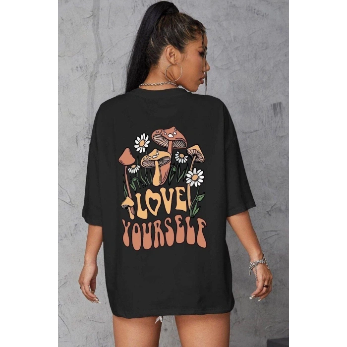 Baskılı Oversize T-Shirt - Siyah -