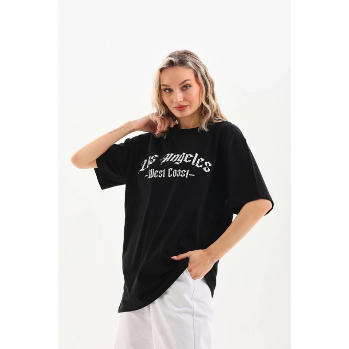 Baskılı Oversize T-Shirt - Siyah -