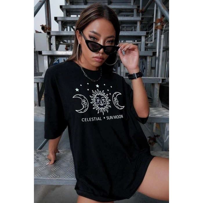 Baskılı Oversize T-Shirt - Siyah -