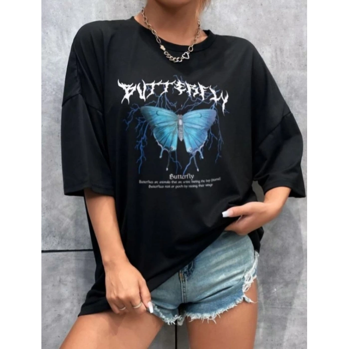 Baskılı Oversize T-Shirt - Siyah -