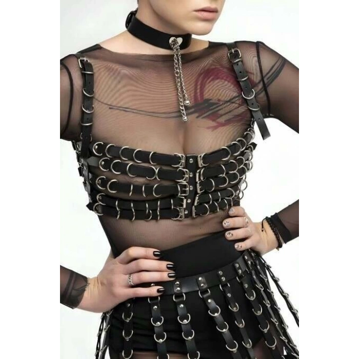 Beşli Göğüs Bağlamalı Ve Etek Deri Harness - 891