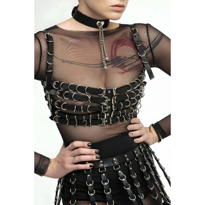 Beşli Göğüs Bağlamalı Ve Etek Deri Harness - 891
