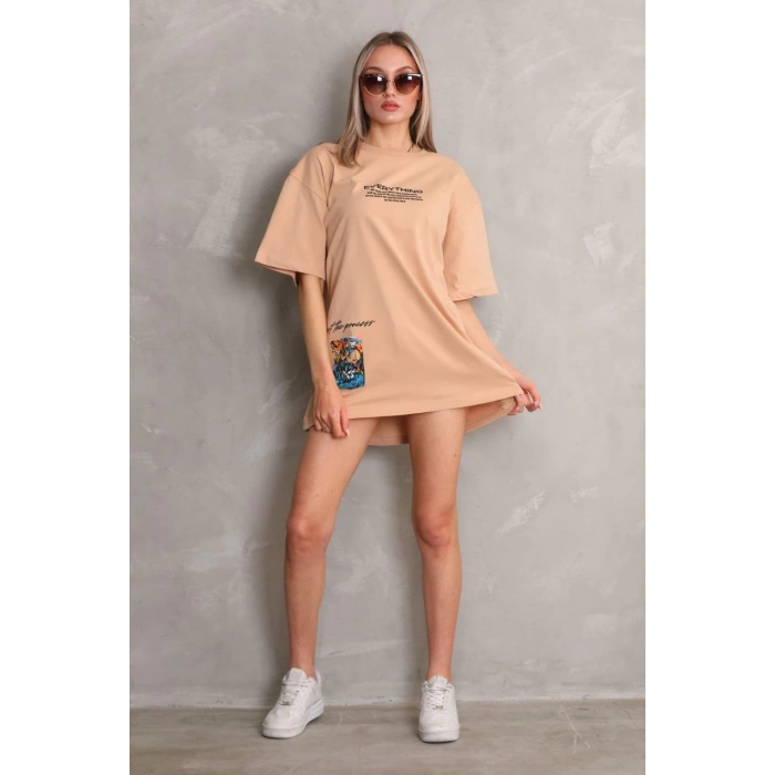 Bisiklet Yaka Baskılı Oversize T-Shirt - Bej