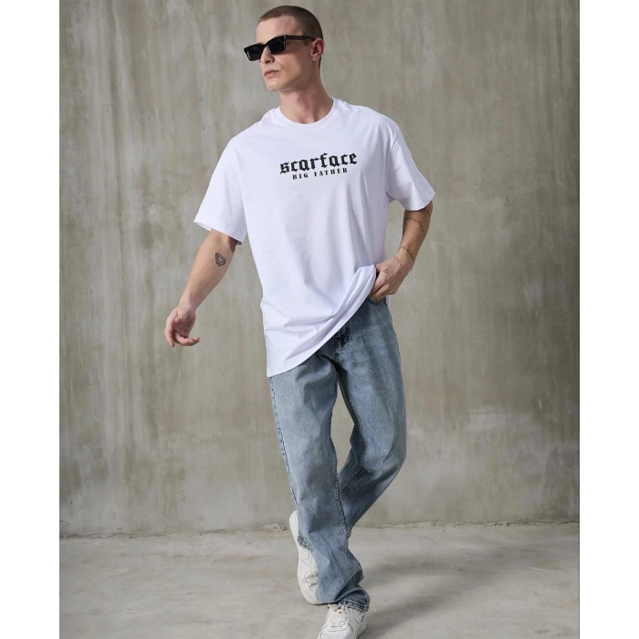 Bisiklet Yaka Baskılı Oversize T-Shirt - Beyaz