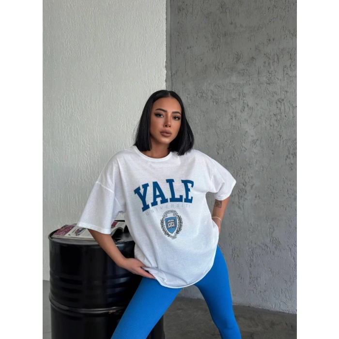 Bisiklet Yaka Baskılı Oversize T-Shirt - Beyaz