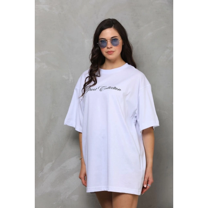 Bisiklet Yaka Baskılı Oversize T-Shirt - Beyaz