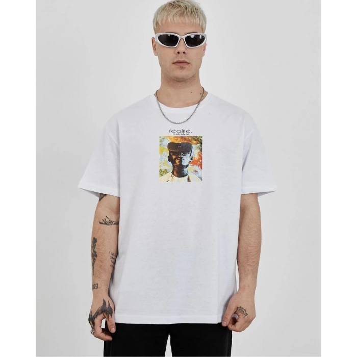 Bisiklet Yaka Baskılı Oversize T-Shirt - Beyaz