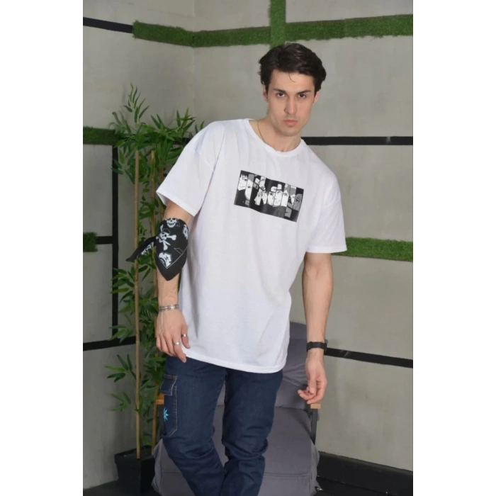 Bisiklet Yaka Baskılı Oversize T-Shirt - Beyaz -
