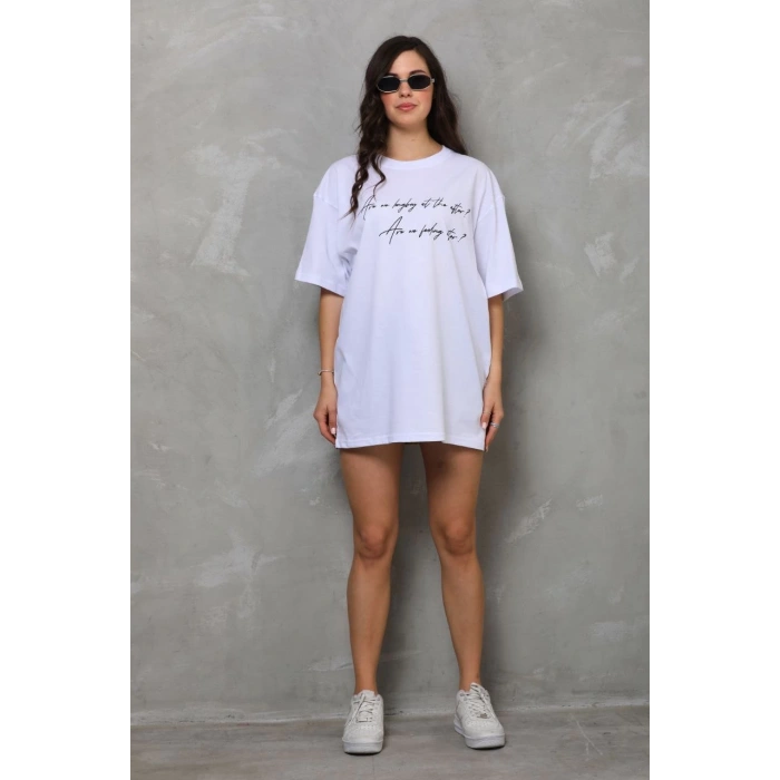 Bisiklet Yaka Baskılı Oversize T-Shirt - Beyaz