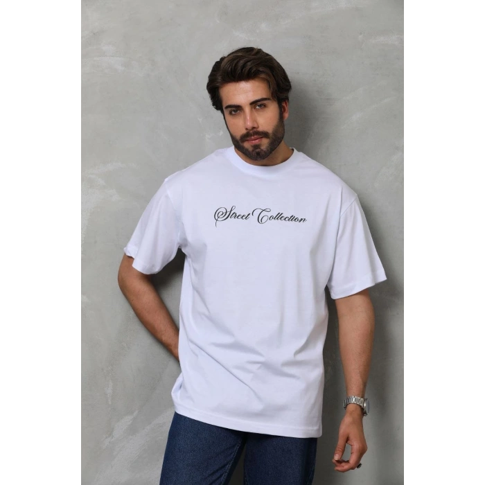 Bisiklet Yaka Baskılı Oversize T-Shirt - Beyaz