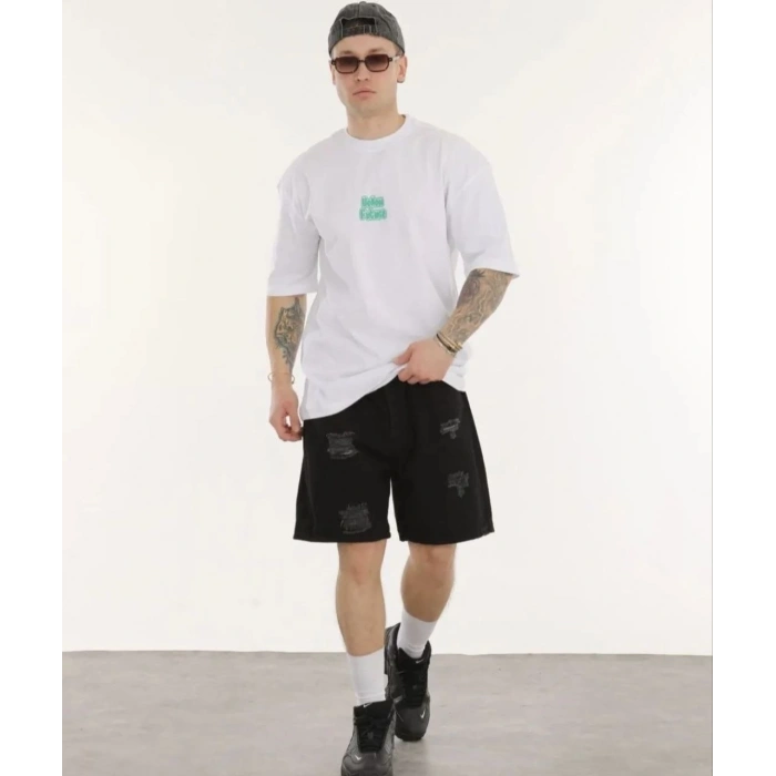 Bisiklet Yaka Baskılı Oversize T-Shirt - Beyaz
