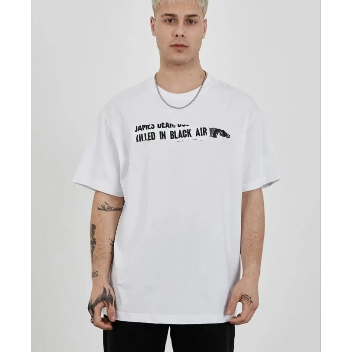 Bisiklet Yaka Baskılı Oversize T-Shirt - Beyaz