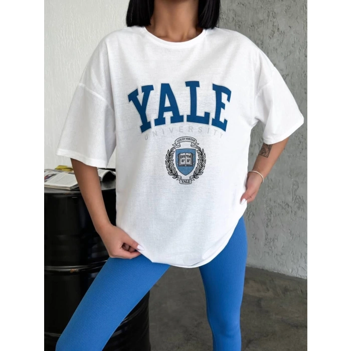Bisiklet Yaka Baskılı Oversize T-Shirt - Beyaz