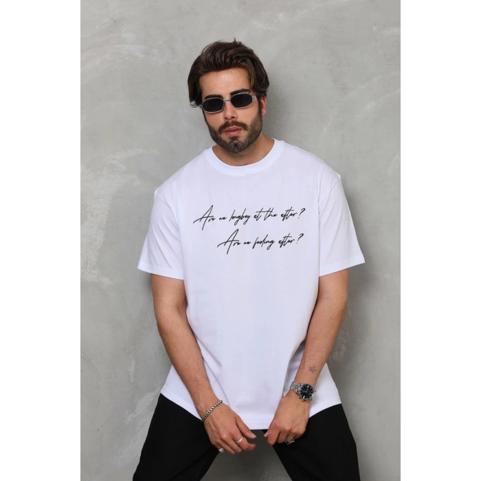 Bisiklet Yaka Baskılı Oversize T-Shirt - Beyaz
