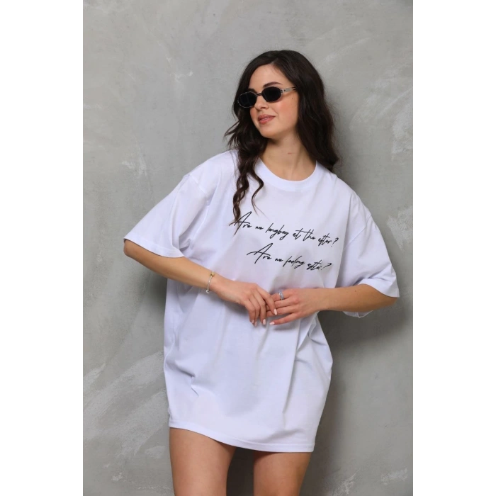 Bisiklet Yaka Baskılı Oversize T-Shirt - Beyaz