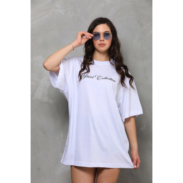Bisiklet Yaka Baskılı Oversize T-Shirt - Beyaz