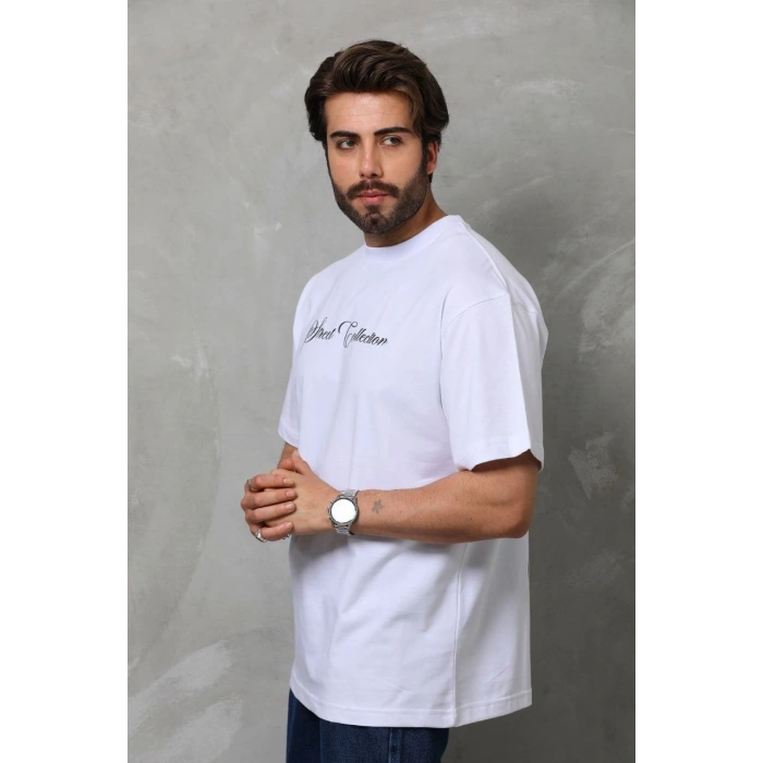 Bisiklet Yaka Baskılı Oversize T-Shirt - Beyaz