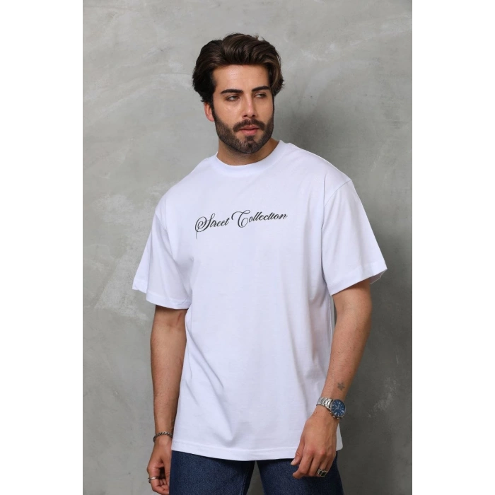 Bisiklet Yaka Baskılı Oversize T-Shirt - Beyaz