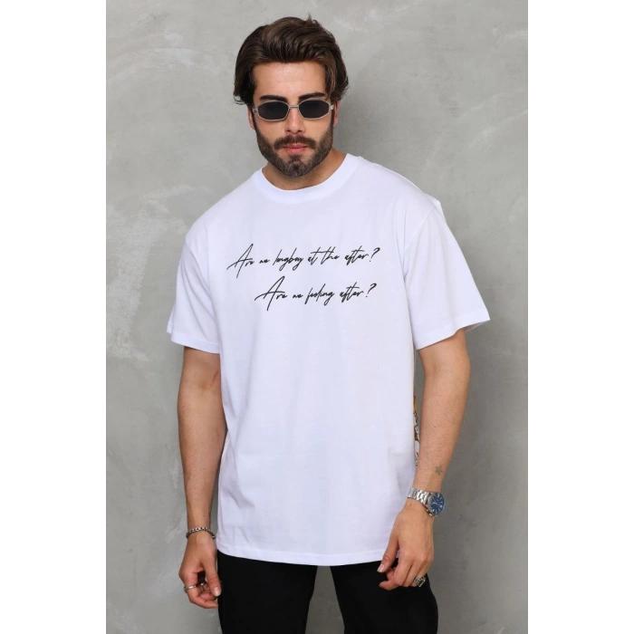 Bisiklet Yaka Baskılı Oversize T-Shirt - Beyaz