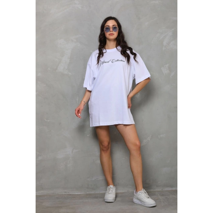Bisiklet Yaka Baskılı Oversize T-Shirt - Beyaz