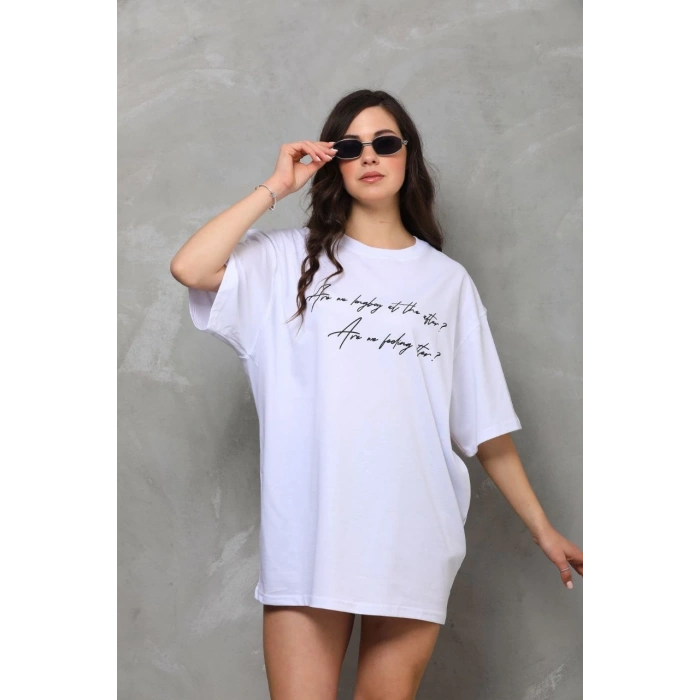 Bisiklet Yaka Baskılı Oversize T-Shirt - Beyaz